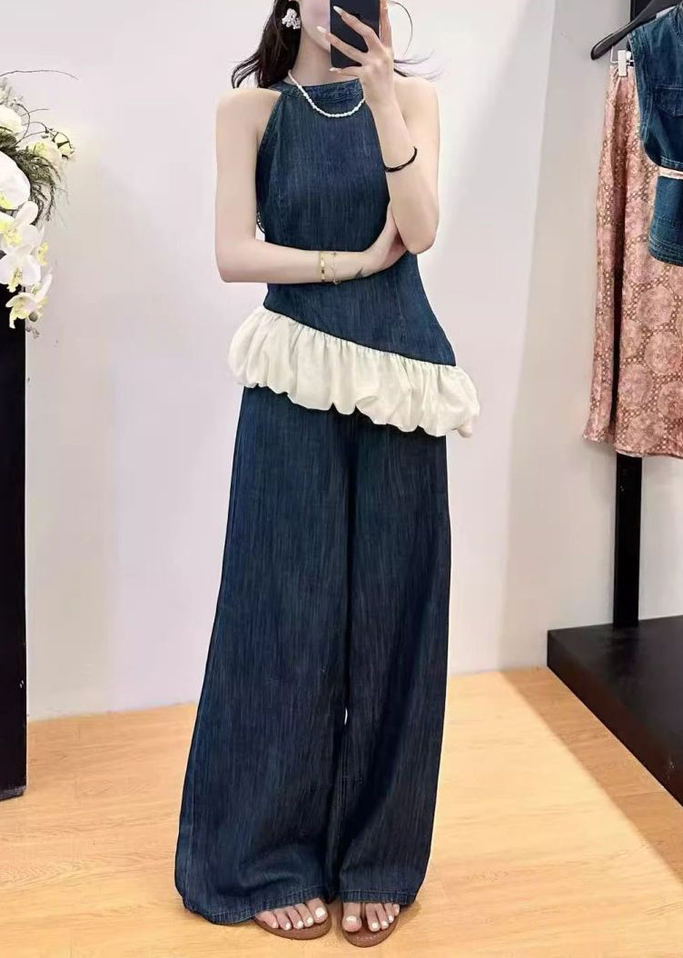 New Blue Pockets Patchwork Tops and Wide Leg Pants Denim Two Pieces Set Sleeveless