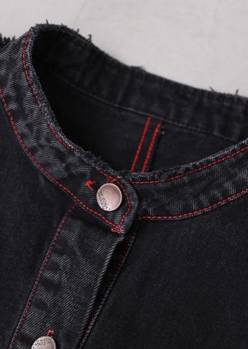 Denim Black Coat for Woman Tutorials Stand Collar Button Down Coats