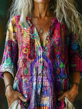 Women's Vintage Bohemian Floral Art Print Casual Cotton Linen Shirt