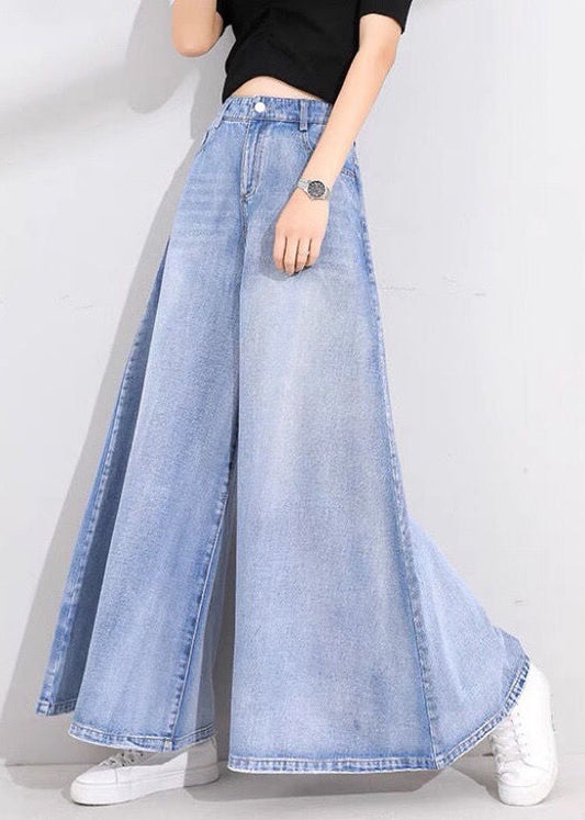 Light Blue High Waist Pockets Cotton Flare Pants Skirt Summer