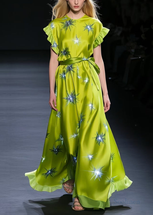 Grass Green Twinkling Star Print Silk Tunic Dress Summer