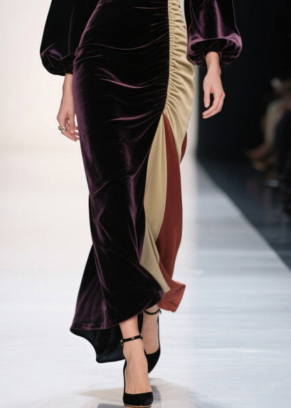 Dull Purple Asymmetrical Patchwork Silk Velvet Evening Dress Spring