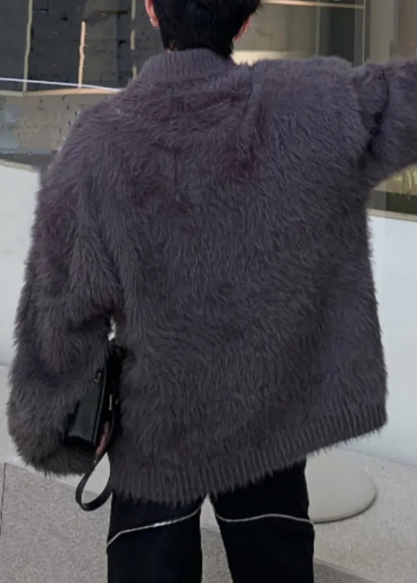 Simple Dark Gray Mink Hair Knitted Sweaters Turtleneck Winter