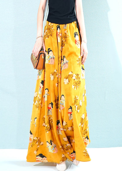Yellow Print Pockets Oversized Chiffon Pants Skirt Summer