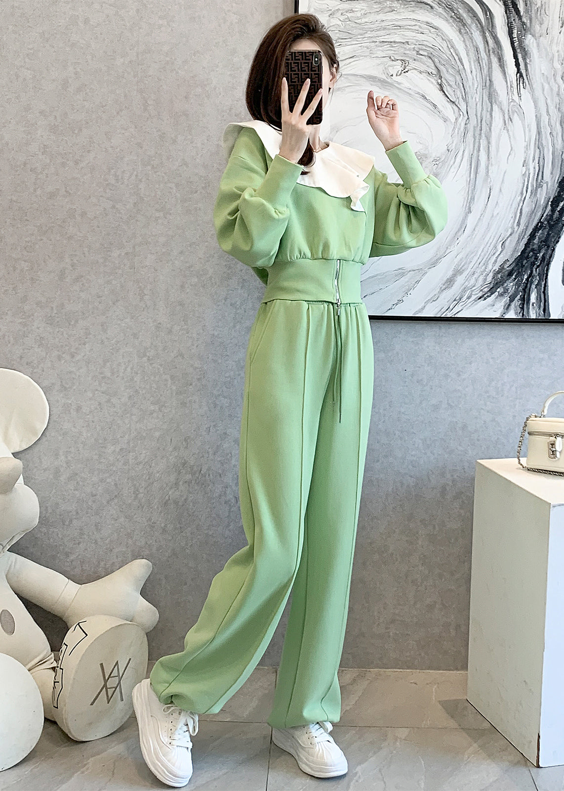 Stylish Green Tops and Pants Cotton Two Pieces Set Spring