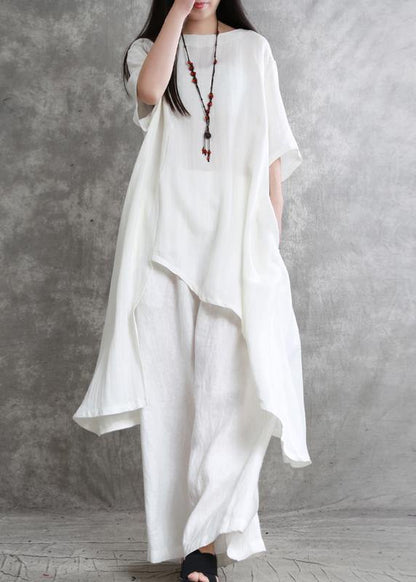 Original Large Size Irregular Cotton and Linen Suit Female Long Section Was Thin White Shirt Wild Wide-leg Pants