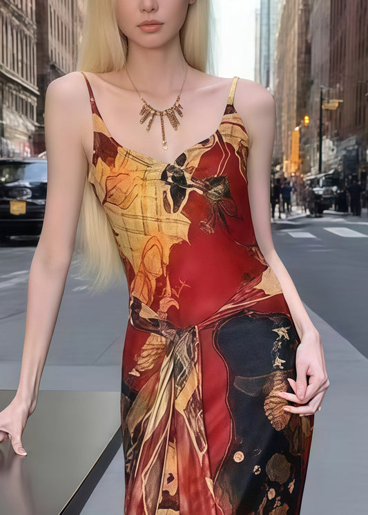 Red Painting Tie Waist Tulle Spaghetti Strap Dress Summer