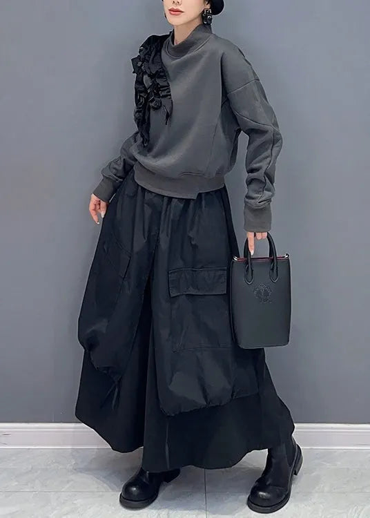 Stylish Grey Ruffled Sweatshirt and Black Skirts Cotton Two Piece Set Fall