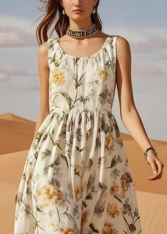 Organic White O-neck Print Cotton Maxi Dress Summer