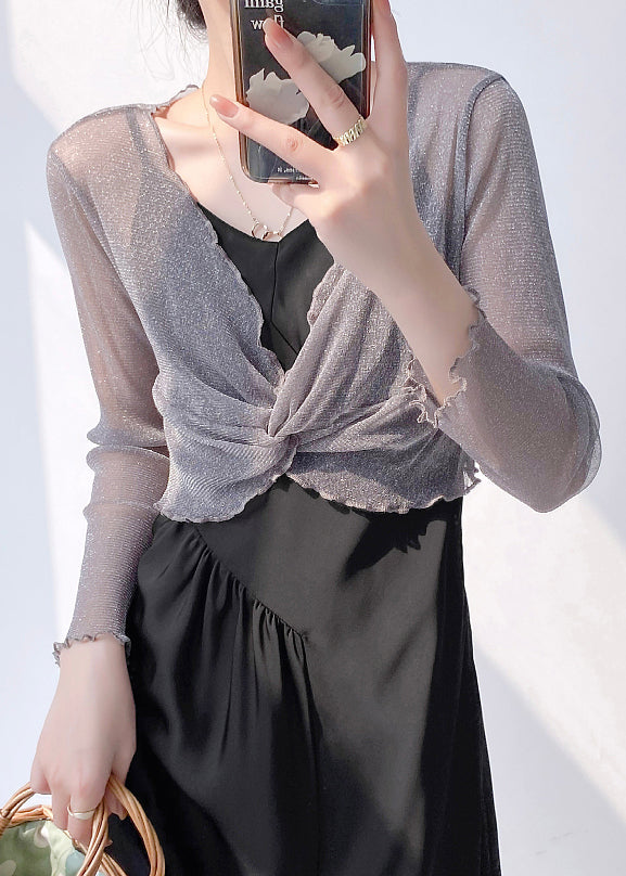 Grey V Neck Wrinkled Tulle Top Long Sleeve