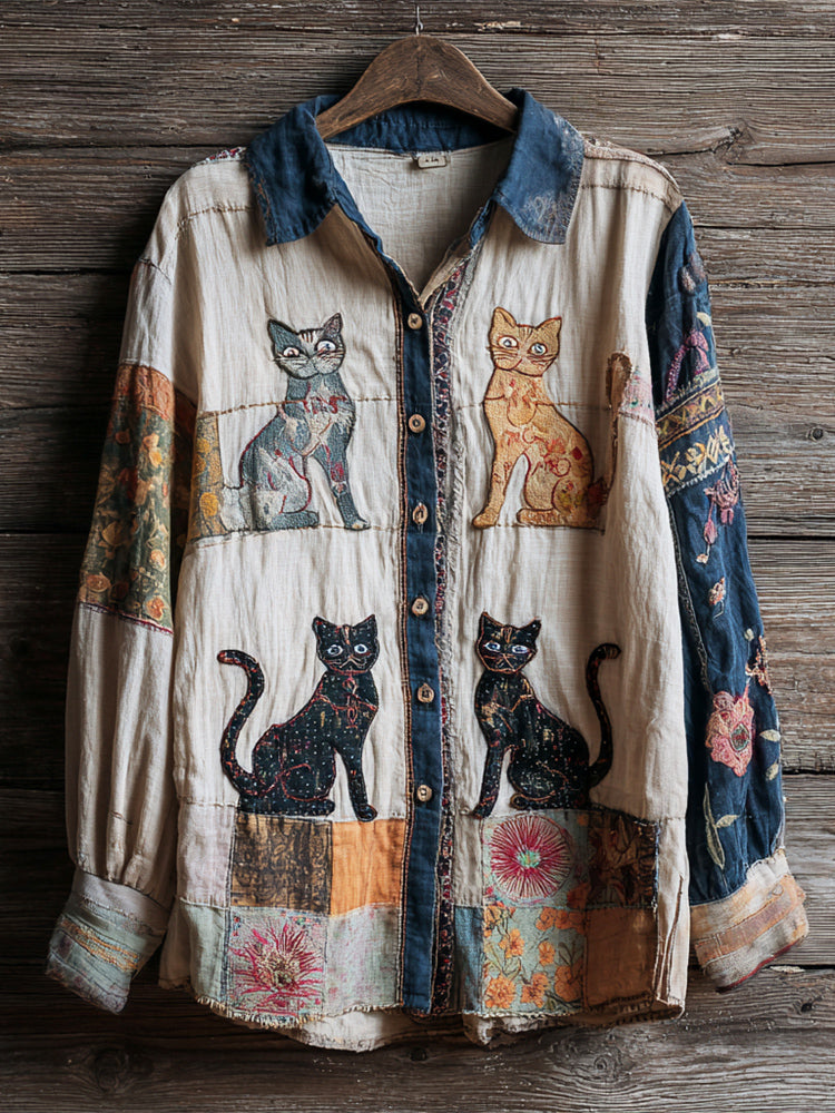 Vintage Cat Embroidery Art Women's Linen Long Sleeve Shirt elevenforest