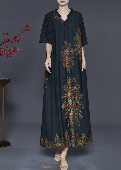 Black V Neck Print Silk Long Dresses Summer