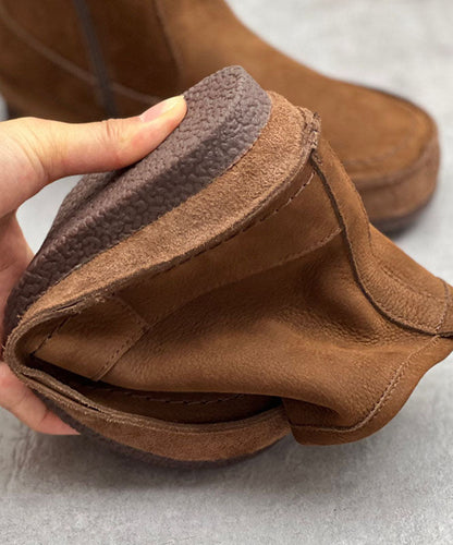 Coffee Cowhide Leather Boots Zippered Ankle Boots