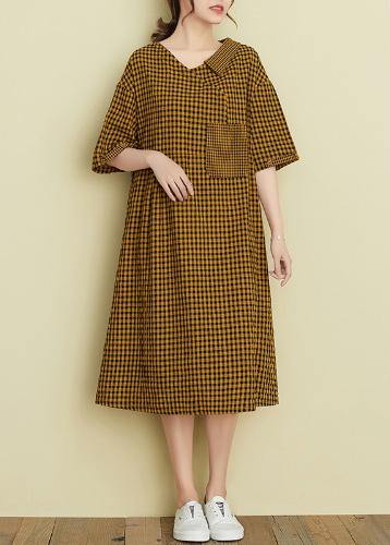 Classy V Neck Patchwork Linen Summer Clothes for Tutorials Black Plaid Dress
