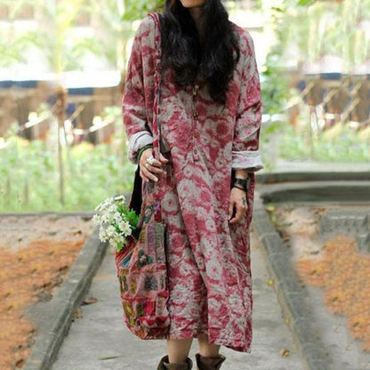 Cotton Linen Loose Fitting Dress Red / Blue