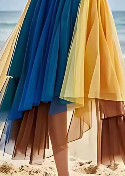 Yellow Wrinkled Elastic Waist Tulle Skirts Summer