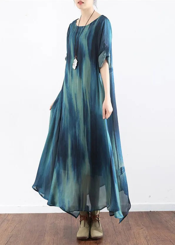 The Sea Blue Print Silk Dresses Causal Long Silk Caftans Oversize Gowns Bracelet Sleeves