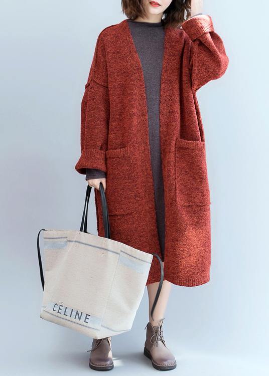 Knitted Coat Oversized Red Batwing Sleeve Pockets Coats