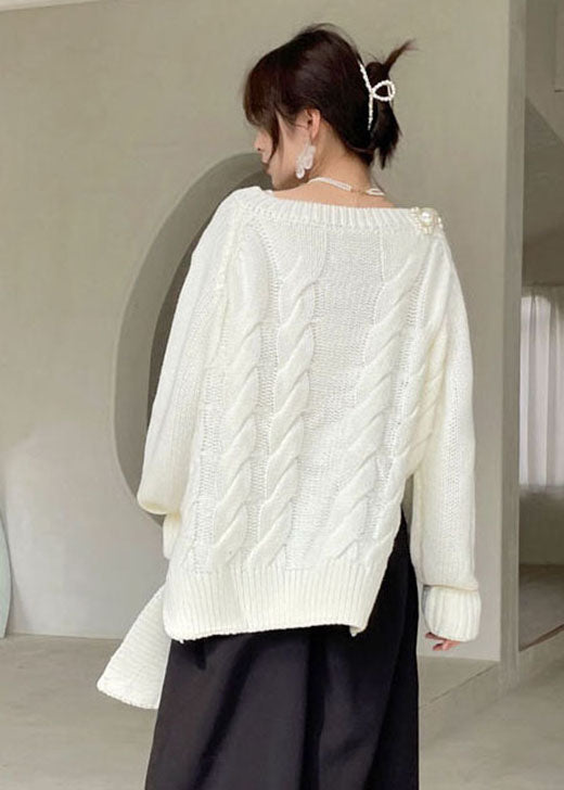 White V Neck Thick Knit Sweaters Winter