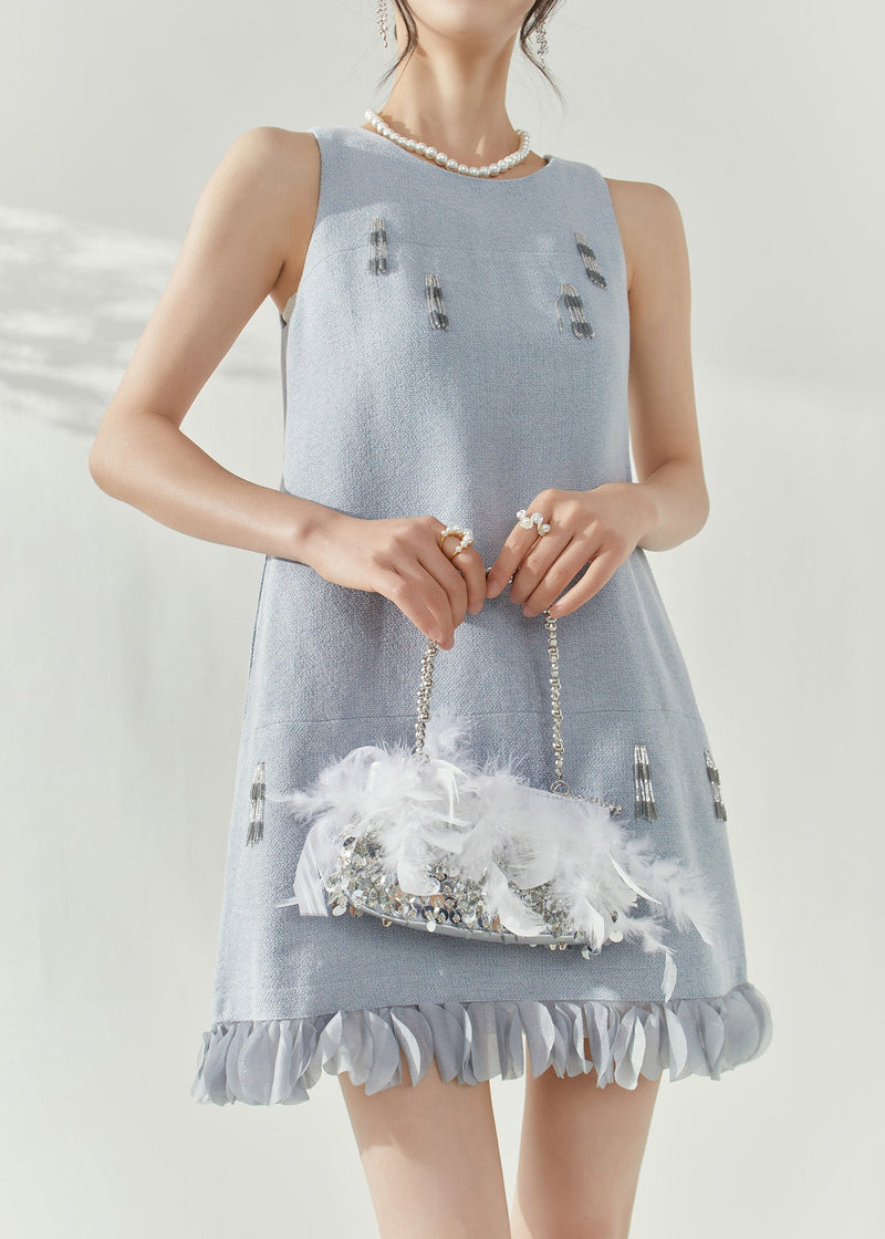 Blue O-neck Patchwork Nail Bead Mid Dresses Sleeveless