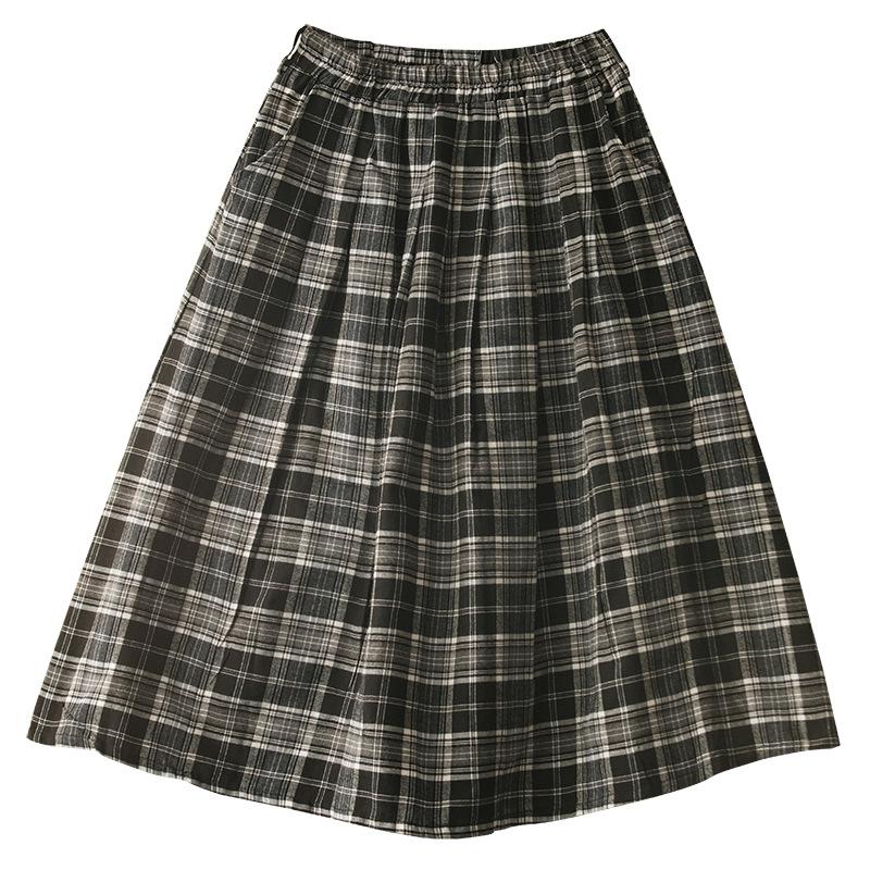 Plaid Pocket A-line Elastic Waist Skirt