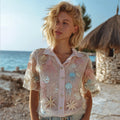 Bohème Marine Biological Art Pink Striped Lapel Shirt elevenforest