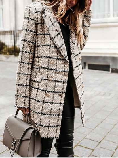 Coats Check Double Breasted Long Sleeve Woolen Coat