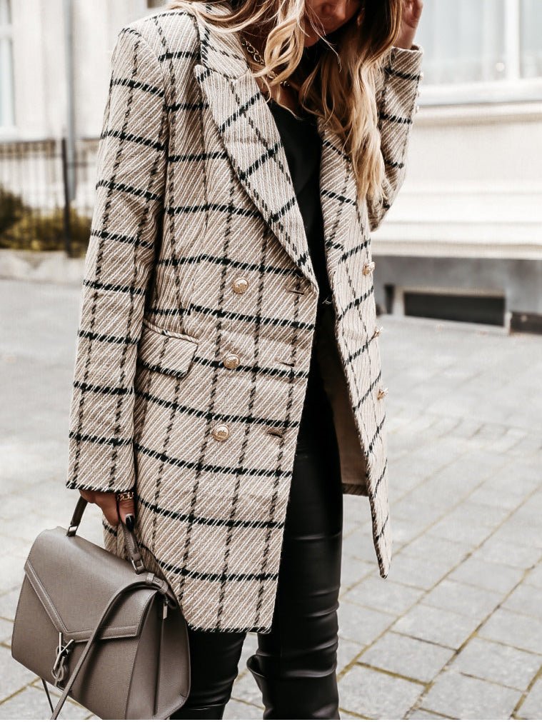 Coats Check Double Breasted Long Sleeve Woolen Coat