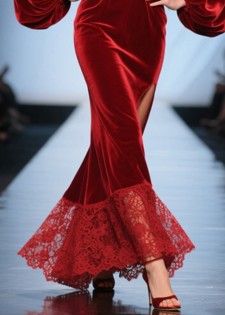 Stylish Red Deep-v Neck Patchwork Silk Velvet Dinner Dresses Spring