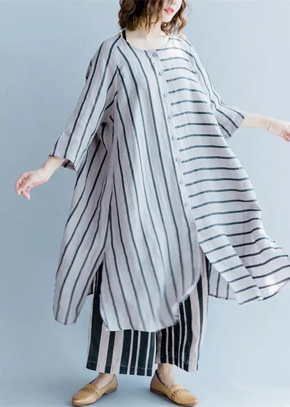 New Gray Striped Linen Dresses Asymmetric Patchwork O Neck Dress