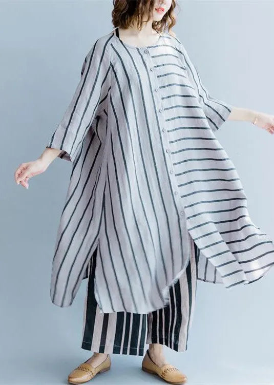 New Gray Striped Linen Dresses Asymmetric Patchwork O Neck Dress