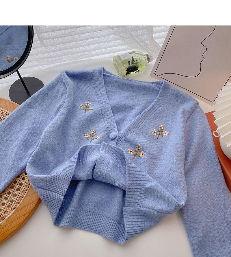 Embroidery V-neck Short Long Sleeve Jacket 5849