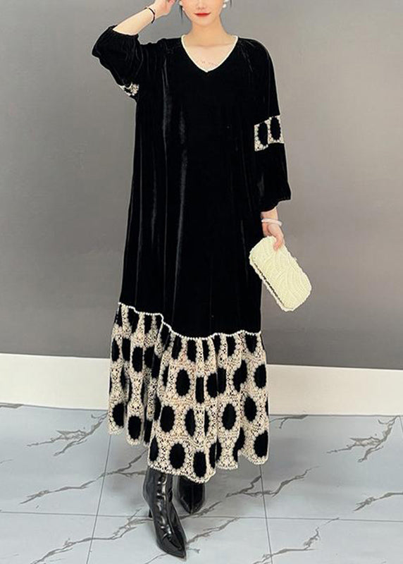 Black V Neck Patchwork Holiday Long Dress Fall