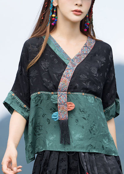 Jacquard Black Stand Collar Embroidered Patchwork Satin Top Half Sleeve