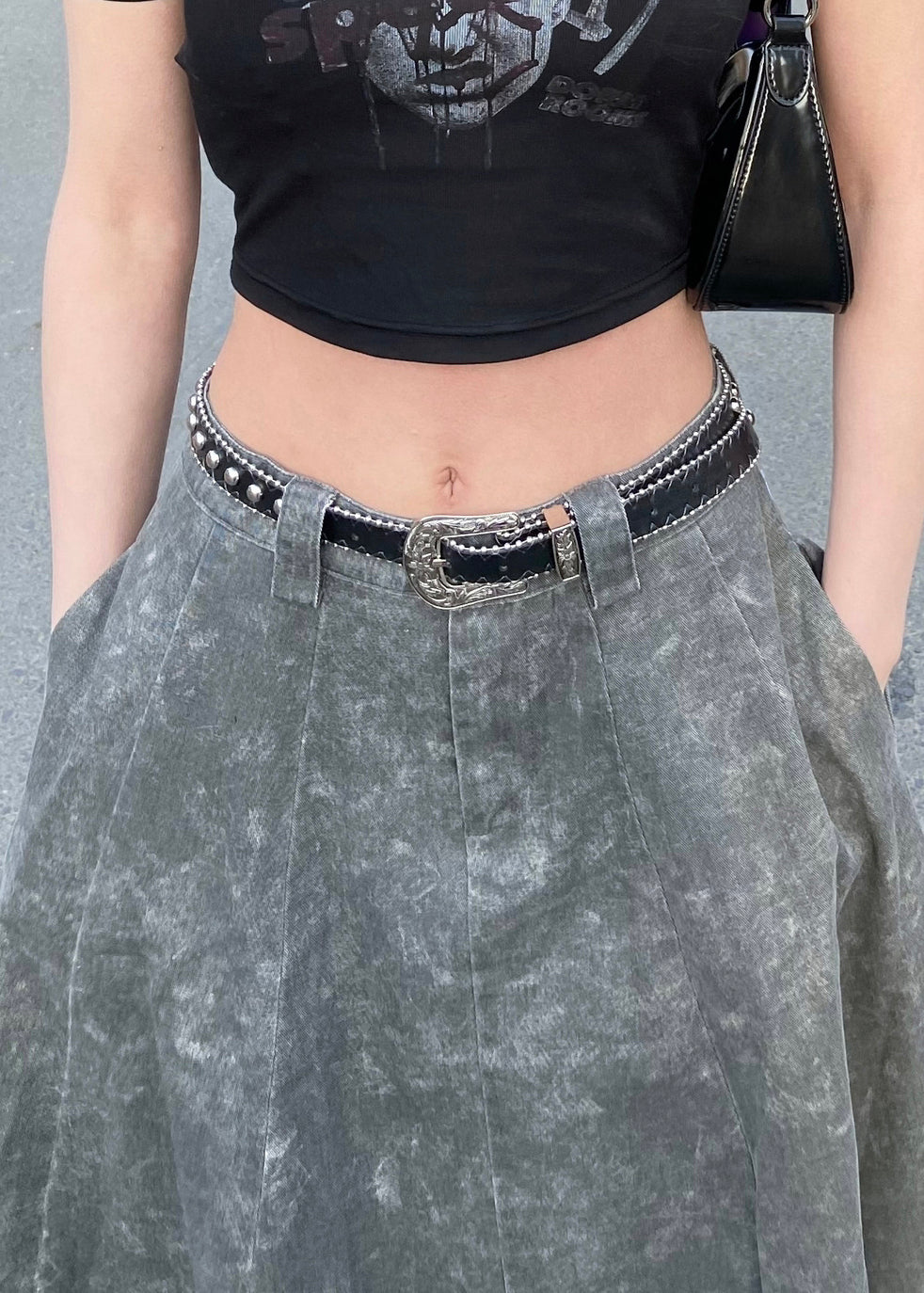 Grey Pockets High Waist Patchwork Denim Maxi Skirts Summer