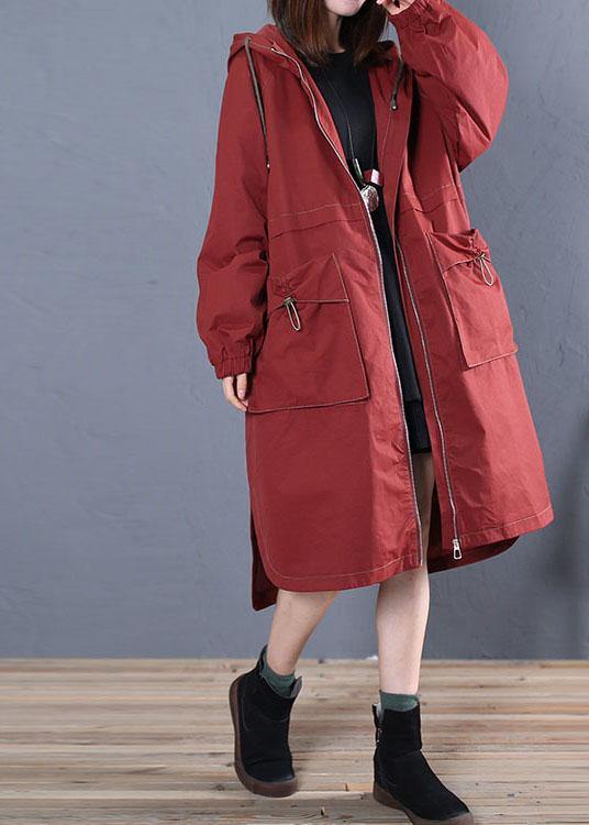 Loose Fitting Long Jackets Fall Jacket Red Side Open Hooded Coat