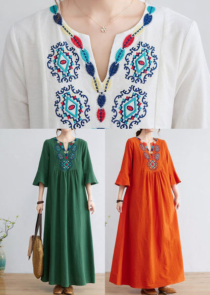 Green Cotton Long Dress Embroidered Exra Large Hem Flare Sleeve