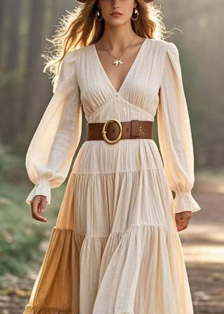 White V Neck Exra Large Hem Cotton Cinched Dress Spring