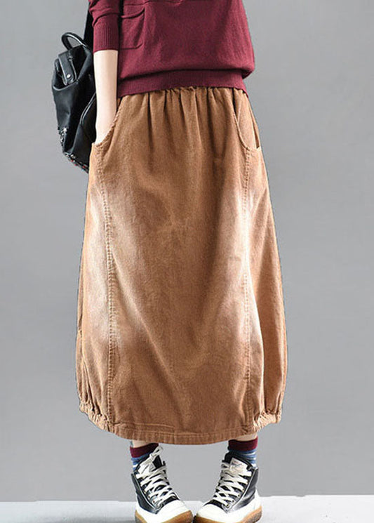 Brown Elastic Waist Corduroy Cotton Skirt Spring