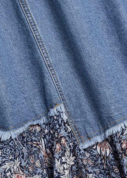 Stylish Denim Blue Asymmetrical Patchwork Print Button Pockets Maxi Skirt Cozy