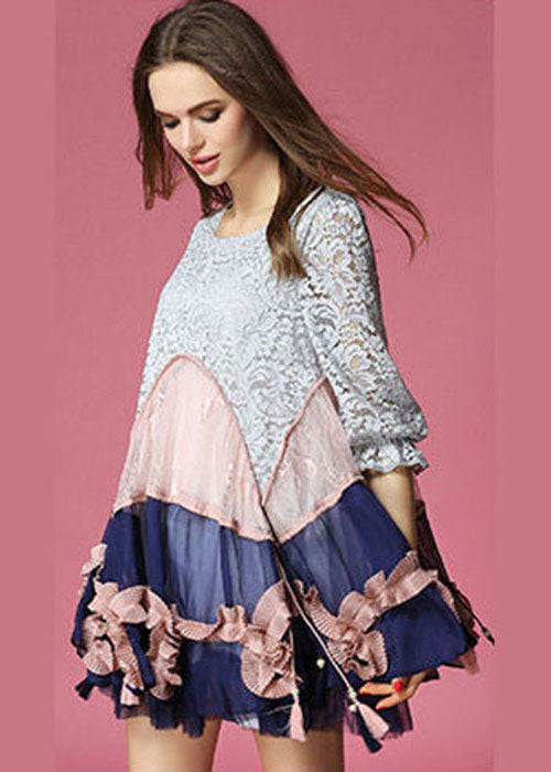 Colorblock Asymmetrical Design Patchwork Lace Vacation Dress Half Sleeve