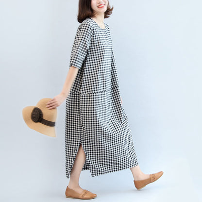 Black White Plaid Cotton Dresses Baggy Loose Half Sleeve Maxi Dress Side Open