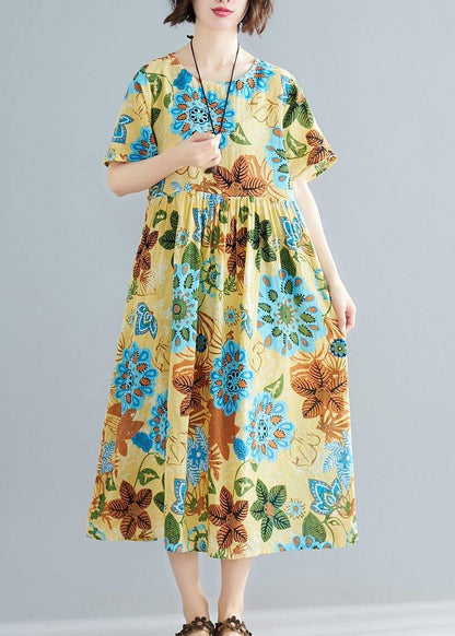 Diy Yellow Print Cotton Tunics O Neck Patchwork Summer Dress