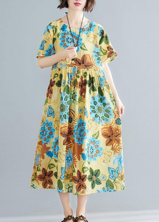 Diy Yellow Print Cotton Tunics O Neck Patchwork Summer Dress