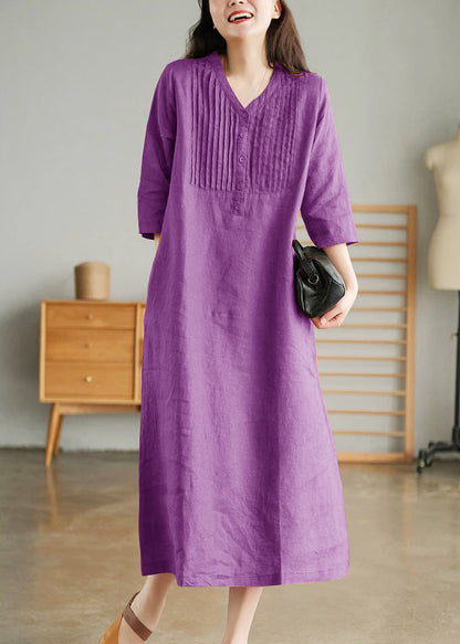 Orange Loose Linen Long Dresses Button Half Sleeve