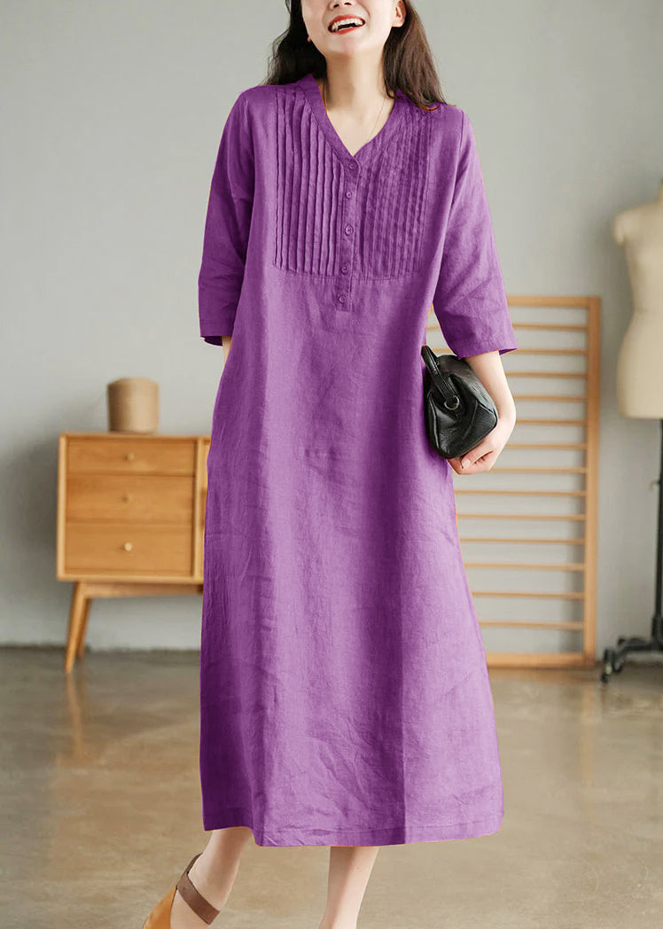 Orange Loose Linen Long Dresses Button Half Sleeve