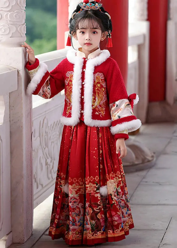Unique Red Patchwork Button Kids Coats and Maxi Skirts Two Pieces Set Winter