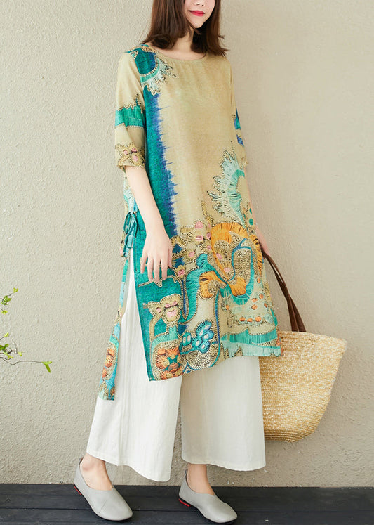 Green Oversized Print Linen Dress Summer