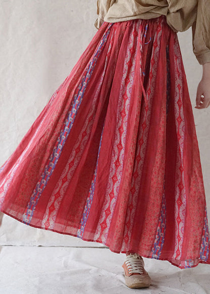 Red Elastic Waist Pocket Print Linen Beach Skirt Spring
