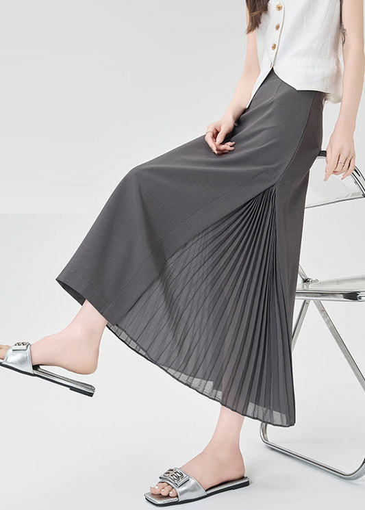 Classy Grey Patchwork Wrinkled Chiffon a Line Skirt Fall